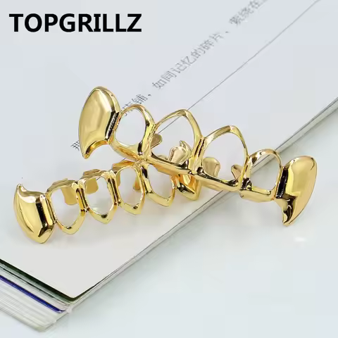 TOPGRILLZ Gold Color Plated Hip Hop Teeth Grill Top & Bottom Grill Hip Hop Bling Hollow Vampire Teet