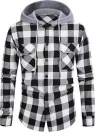 Mens Flannel Plaid Hoodie Shirt Fall Plaid Shirt Jacket Long Sleeve Casual Button Down with Hood Whi