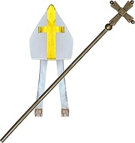 Adjustable Gold Pope Cross Staff and Adult Mitre Hat - 44-Inch 4-Piece Bishop Prop and Pope, Cardina