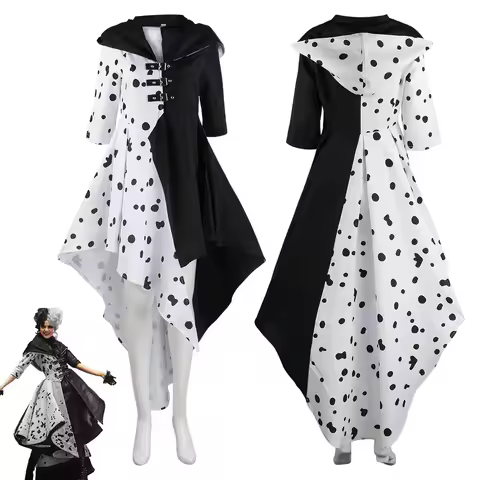 Cruella Cosplay Costume DressCloak With Gloves Woman Girls Halloween Carnival Suit Cruella De Vil Co