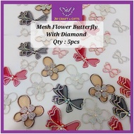 5 Pcs Mesh Flower Butterfly with Diamond | 3D Bunga Tampal Manik Aksesori Fabrik | Handmade DIY | JV