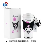 Sanrio Hello Kitty ขวดพร้อมหลอดน้ำ Kuromi-แก้วกาแฟด้านในเป็นเซรามิก