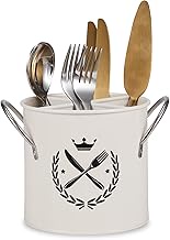 Flatware Organizers, Kitchen Utensil Holder for Countertop Large Cooking Tableware Crock with Handle &amp; Removable Divider,Cutlery Caddy Storage Bucket for Forks Spoons Knives Spatulas, Cream White