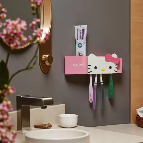 Sanrio New HelloKitty Kawaii Anime Cartoon Toothbrush Holder Good Looks No Need To Punch Holes Wall-
