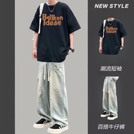Summer Short-Sleeved Top T-Shirt Half-Sleeved T444 Pure Cotton+K83 Jeans Suit S-3X45