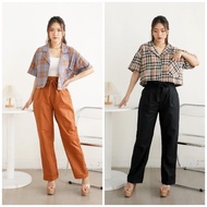 ONE SET CROP TOP BAJU SETELAN WANITA KOTAK FLANEL CELANA PANJANG