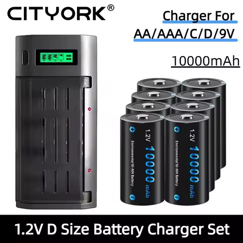 CITYORK For 1.2V AA/AAA/C/D/9V Battery LCD Smart Fast Charger With 1.2V R20 D Size Battery 10000mAh 