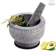 Mortar and Pestle Set,6 Inch 2 Cups 100% Unpolished Granite Mortar and Pestle Large-Easy to Clean&amp;No Pieces of Shedding,for Crushing/Grinding-Guacamole,Salsa and Pesto,Non-Slip Mat