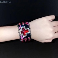 LONNG Leather Bracelet, Red Crystal Cross Grunge Skull Gothic Jewelry, Hot Charms Korean Punk Buckle