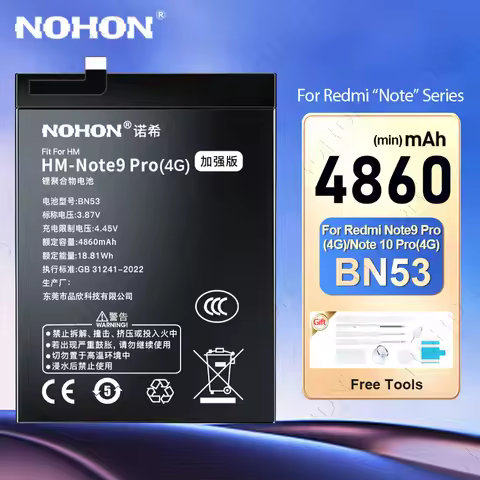 NOHON BN53 BP47 Battery for Redmi Note 11 Pro Plus 11E 10 9 Pro 4G 5G 8 8T 7 6 BN59 BN5C BN5A BM57 B