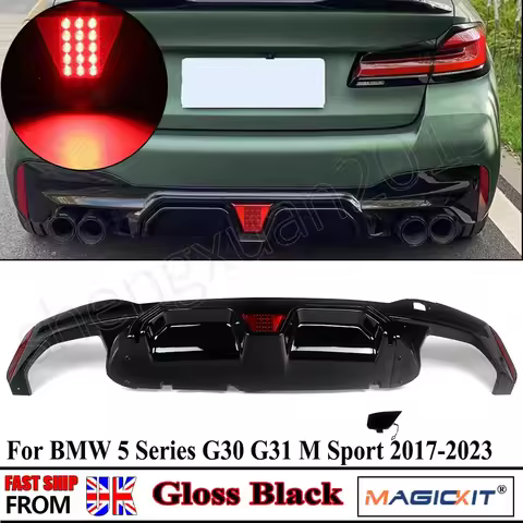 Gloss Black For BMW G30 M Sport 17-23 M5 CS Style Rear Bumper Diffuser W/Red LED