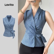 Lovito Casual Top Wrap Imitation Denim Spring/summer Dark Blue Top for Women LK5ED379 Lovito Atasan 