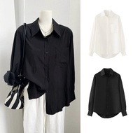 Cherryshop 💕 Ready Stock 💕 Loose Casual Lapel Pocket Long Sleeved Shirt Women Korean Style Solid Col