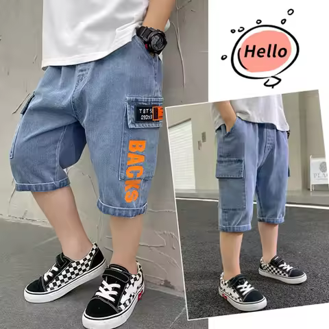 Teen Boys Cotton Shorts Summer Collection Solid Color Knee-Length Casual Crop Pants for 6-15 Years O