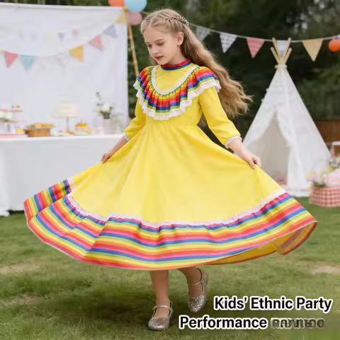 Kids Girls Traditional Mexican Long Dress Folk Dance Costume Ethnic Style Outfit for Fiesta Party St