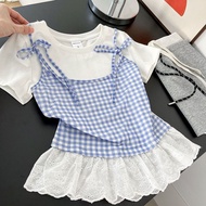 456 HYK SHOP🇲🇾 Korean Lace Bow T-Shirt Women / Baju T-Shirt Perempuan Pita Lace Plaid Summer Top 韩系蝴