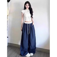 Bigsize Wind Straight Pants 55-100kg, Wide Leg with White Waistband, Easy to wear, Loose Fit 100cm L