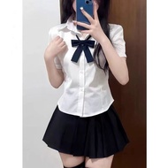 College style jk uniform suit white shirt women's pure desire strap waist design sense top puff slee