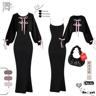 One set of trendy 2-in-1Wanita - Knitted Cardigan + Black Dress + free bag [ET327] 2 piece set women