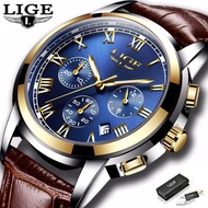 LIGE Fashion Sports Watch for Men Leather Waterproof Chronograph Luminous Pointer Wrist Watch