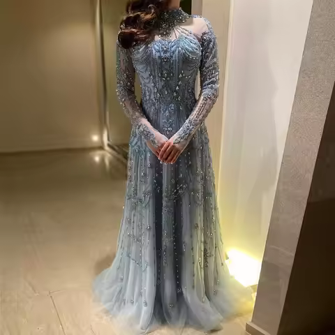 Sharon Said Blue Long Sleeves High Neck Dubai Luxury Evening Dress for Women Wedding Party Arabic Fo