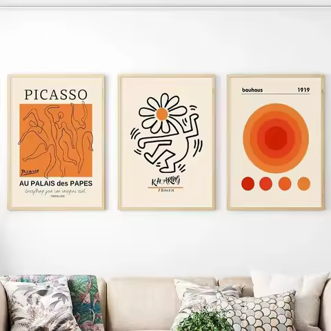 Modern Gallery Wall Art Picasso Bauhaus Orange Exhibition Canvas Painting Posters for Living Room Ho