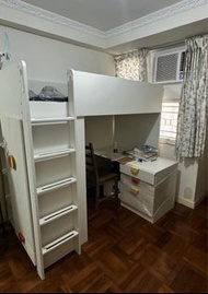 白色兒童高架床連書桌
