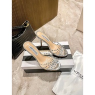 Aquazzura2025夏季新款银色水钻凉鞋女细跟高跟鞋鱼嘴高跟凉拖鞋