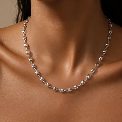 316L Stainless Steel Pig Nose Chain 58cm, Non-Tarnish Coffee Bean Link Necklace, Waterproof Hip Hop 