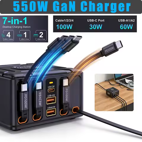GaN Fast Charger 550W 7-in-1 Charging Station with 100W Retractable USB C Cable for MacBook Pro iPho