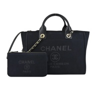 CHANEL 經典Deauvill帆布鏈帶小號托特包(黑色)/平行輸入