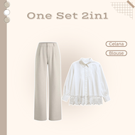 Setelan Outfit Formal Remaja (Blouse - Celana Kulot - Jilbab) One Set Wanita Kondangan 3in1 HO126N