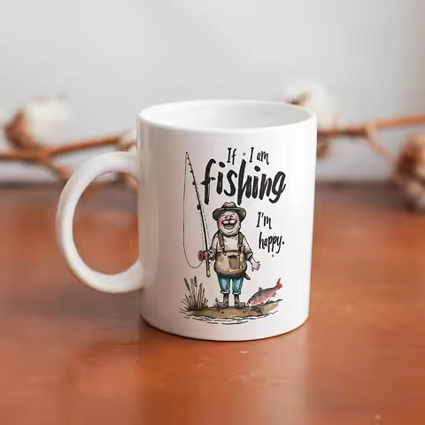 1pc Funny Fishing Ceramic Mug - 11oz White Coffee Cup With "If I'm Fishing I'm Happy" Design, Dishwa