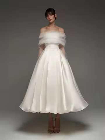 Customized Off Shoulder Ankle Length Wedding Dresses A Liine Elegant Satin Wedding Dress With Detach