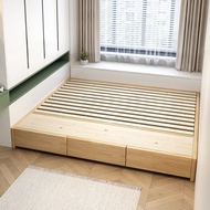 Tatami Bed Frame Solid Wood Nordic Simple Drawer Storage Non-Bedside Floor Bed King/ Queen Bed Super Single Bed Platform Bed