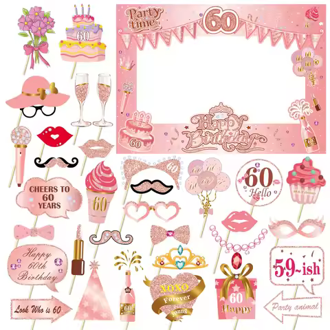 34pcs Rose Gold Birthday 13th,16th,18th,21st,30th,30th,40th,50th,60th paper photobooth prop and Fram