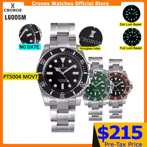 Cronos Sub Diver Men Watch No Date PT5000 Brushed Bracelet Ceramic Bezel 200 Meters Water Resistant