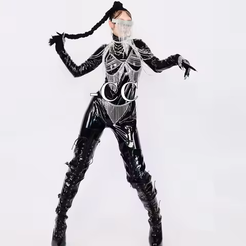 Tech Style Pole Dance Clothing Women Jazz Dance Outfit Black Leather Gogo Dance Jumpsuit Nightclub B