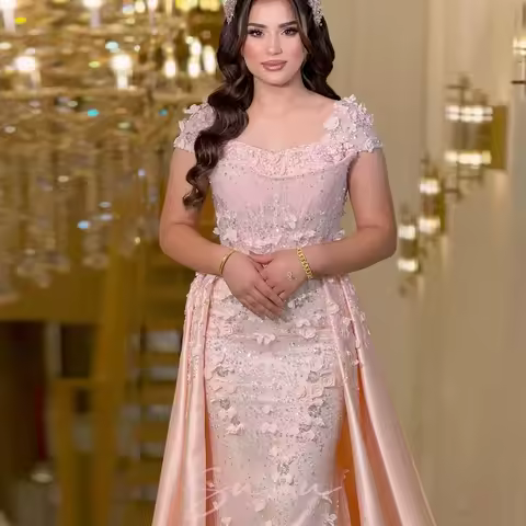 Customized Pink Mermaid Sequinned Appliques Prom Dresses Draped Short Sleeve vestidos de noche Sweep