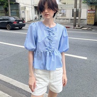 Theremin Fay blouse (blue stripes) เสื้อแขนพองผ่าหน้าดีเทลผูกโบว์