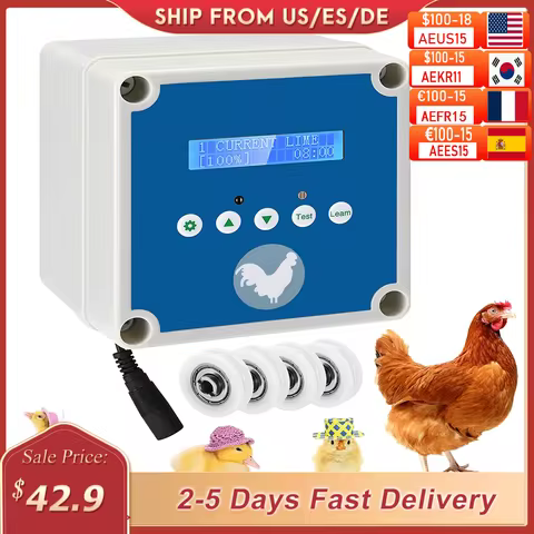 Automatic Chicken Coop Door Openers Controller LCD Timer Light Sensor Solar Battery Electric Power P