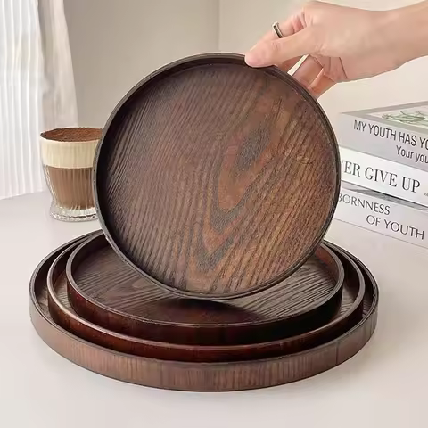 Round Wooden Serving Tray 21/27/30cm Wood Platte Decorative Tray for Coffee Home Table Breakfast Din