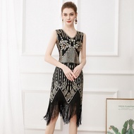 Women's Great Gatsby Dress V Neck Sequin Beaded Long Fringe Roaring 20s Party 1920s Flapper Dress