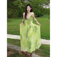 Holiday Island Style Smudge Green Mesh Sling Dress