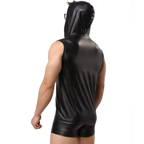 Plus Size 7XL Mens Soft Matte Leather Hoodies T-Shirts Sleeveless V-neck Stretch Tank Tops Male Hood