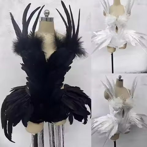 Exaggerated Waist Feather Bodysuit Women Party Pole Dance Outfit Stage Rave Wear Bar Nightclub DS Go