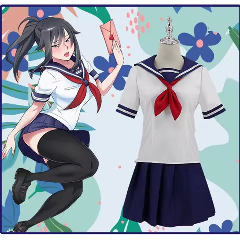 Halloween Party Girl's Navy Blue Sailor Skirt Pantyhose Loli Black Leather Shoes Yandere Simulator A