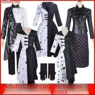 💥Malaysia Ready Stock💥Cruella Cosplay Costume Dress Outfit Cloak With Gloves Halloween Carnival Suit
