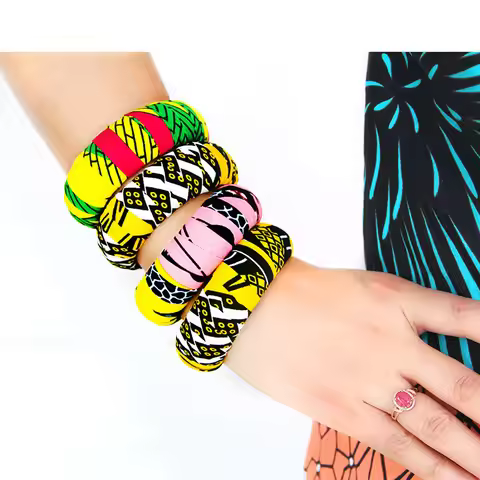 African 2 Pieces Bangles for Women Bazin Riche 7cm Width Round Wood Bangles Design African Bangles A