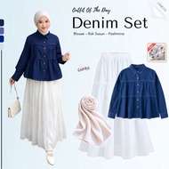 One Set 3 in 1 (Blouse + Layered Skirt + Pashmina) Hijab Set Trendy DenimWanita - GNK152